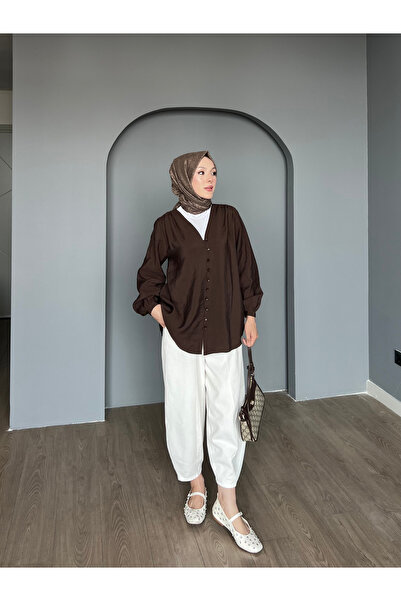 ensade Γυναικείο πουκάμισο με κουμπιά από ύφασμα Modal με λαιμόκοψη σε σχήμα V