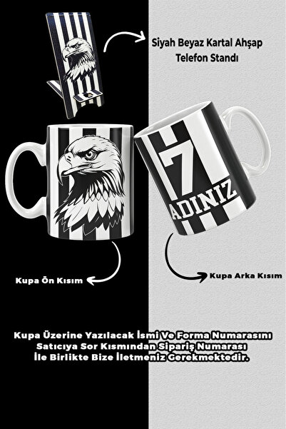 OYART&DESIGN Porselen Siyah Beyaz Kartal Kişiye Özel Taraftar Baskılı Kupa Ba...