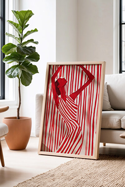 HİGUERA Κόκκινη ριγέ καλλιτεχνική φιγούρα Πίνακας τοίχου με φυσικό ξύλινο πλα...