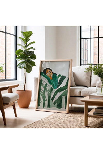 HİGUERA Relaxing Female Figure Natural Wooden Framed Painting in Emerald Green Tones