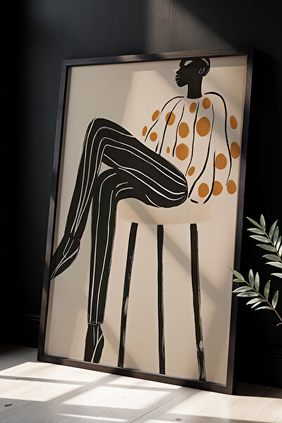 HİGUERA Κομψό Πορτραίτο Σχέδιο Μαύρο Λευκό Κάθετες Ρίγες Πίνακας με Φυσικό Ξύ...