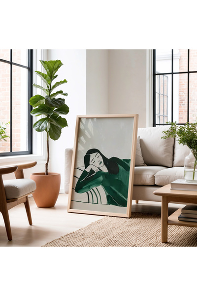 HİGUERA Minimalist Green Woman Resting on a Natural Wooden Frame Wall Painting