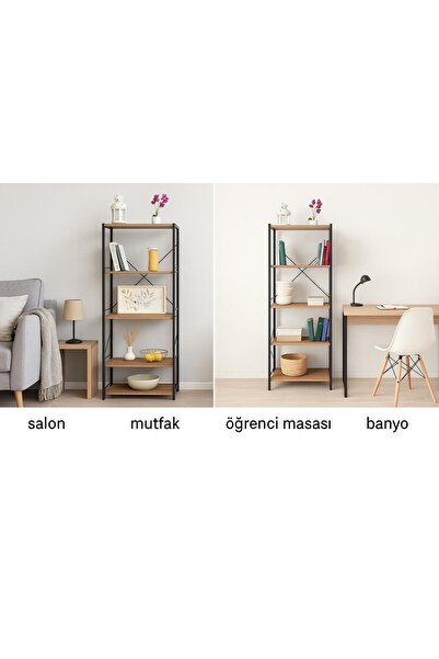 WANDOO Metal Gövdeli 5 Raflı Ahşap Kitaplık Ofis Ev Raf Sistemi Dekoratif Dosya Rafı