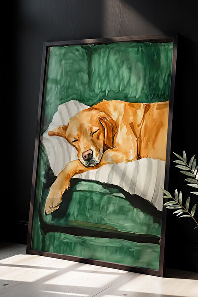 HİGUERA Golden Retriever Sofa Enjoyment Ζωγραφική τοίχου με φυσικό ξύλινο πλα...