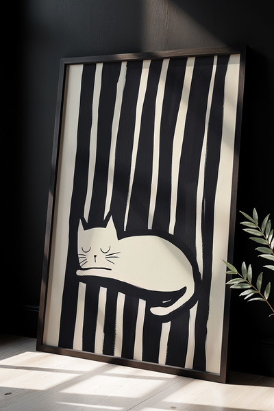 HİGUERA Sleepy Cat Ασπρόμαυρη Εικονογράφηση Πίνακας τοίχου με φυσικό ξύλινο π...