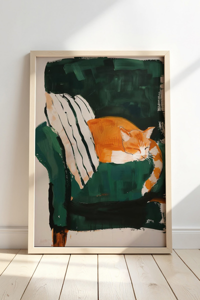 HİGUERA Πίνακας τοίχου με φυσικό ξύλινο πλαίσιο Deep Sleep Orange Cat