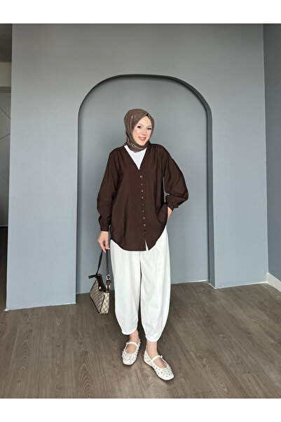 ensade Γυναικείο πουκάμισο με κουμπιά από ύφασμα Modal με λαιμόκοψη σε σχήμα V