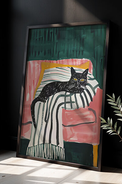 HİGUERA Μαύρη γάτα που απολαύει το ροζ κάθισμα σε φυσικό ξύλινο πλαίσιο τοίχου