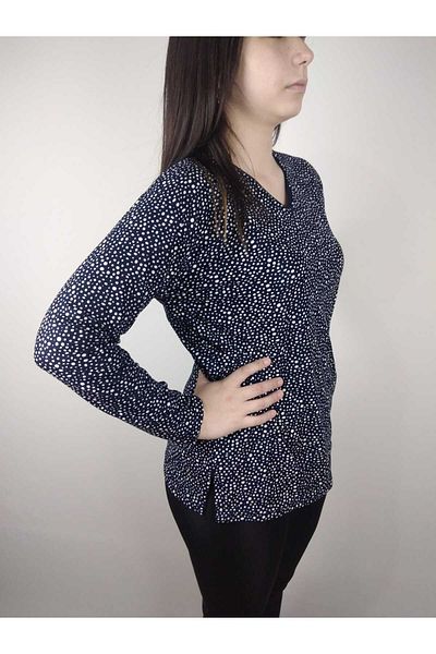YAŞAR TRİKO Women's Navy Blue White U Neck Long Sleeve Patterned Slit Woven Suede Mother Combed Cotton T-Shirt
