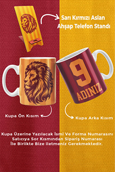 OYART&DESIGN Porselen Sarı Kırmızı Aslan Kişiye Özel Taraftar Baskılı Kupa Ba...