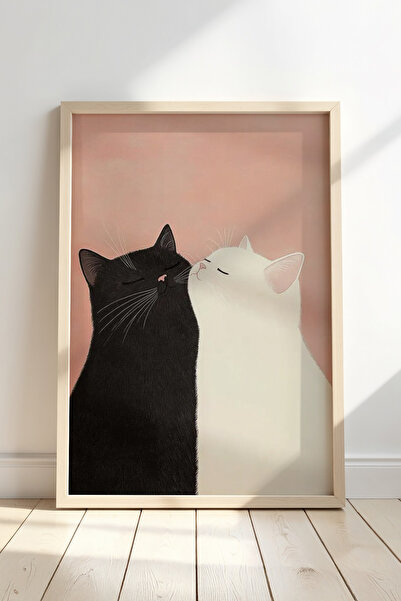 HİGUERA Μαύρες Λευκές Γάτες - Χαριτωμένο Πίνακα Μίνιμαλ Φυσικό Ξύλινο Πλαίσιο