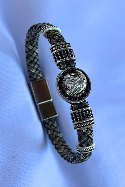 Begondio Genuine Leather Men's Bracelet Made with Eagle Zircon Stone Round Ha...