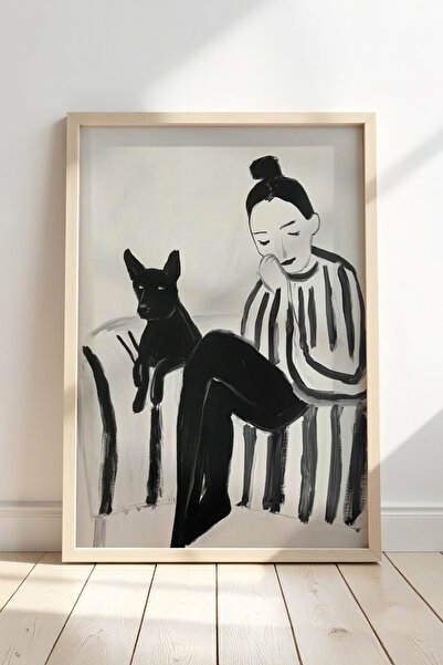 HİGUERA Γυναικείο και μαύρο σκυλί Minimal - Πίνακας τοίχου με κορνίζα από φυσ...