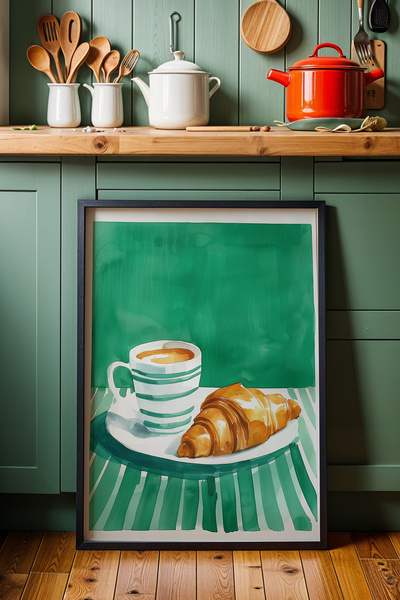 HİGUERA Κρουασάν και Πράσινο Ριγέ Κύπελλο – Πίνακας τοίχου κουζίνας με φυσικό...