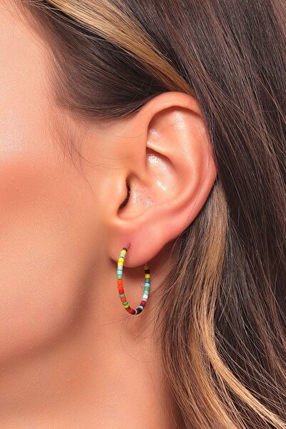LABALABA Kadın Renkli Kum Boncuk Geçirmeli Model Halka Küpe