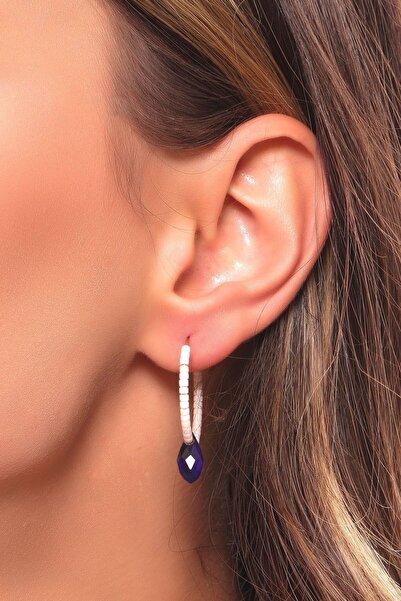 LABALABA Kadın Mavi Cam Boncuk Detaylı Beyaz Kum Boncuk Geçirmeli Model Halka Küpe