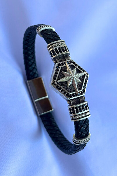 Begondio Genuine Leather Men's Bracelet Made with Compass Hexagonal Zircon St...