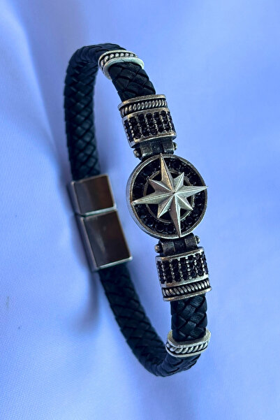 Begondio Genuine Leather Men's Bracelet Made with Compass Zircon Stone Round ...