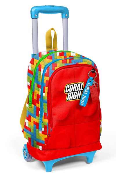 Coral High Rucsac de școală cu trei compartimente cu model bloc de culoare pentru copii cu racletă 23975