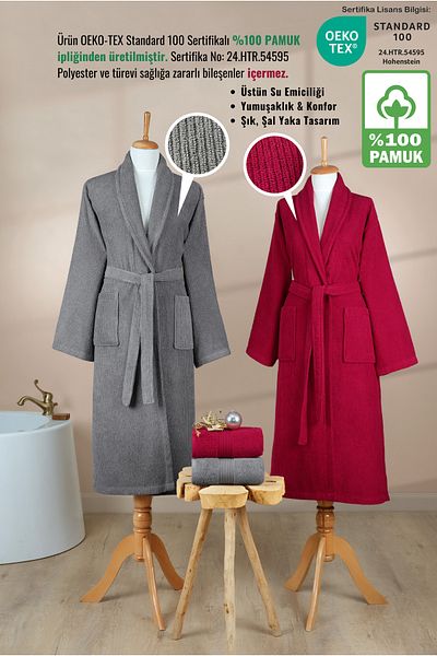 Ellaline 4 Piece Striped Bathrobe Set 100% Cotton Certified Family Towel Bathrobe Set Dowry Set Gray - Claret Red