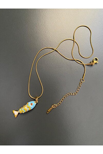 DİAPANTE Çelik Altın Renk Mavi Mineli Balık Figürlü Trend Tasarım Kadın Çelik...