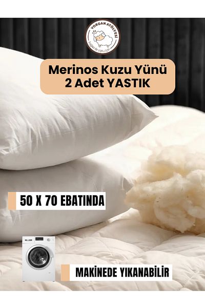 yasetex tasarım Set of 2 Lamb Wool Pillows 50X70 cm - 100% Natural Wool, 1000 Gr, Breathable, Anti-Sweat, Comfortable Sleep
