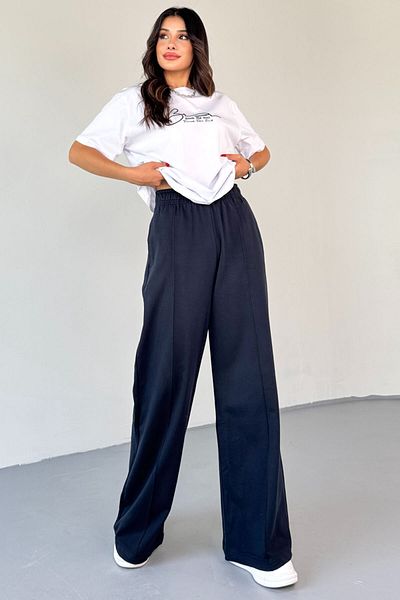 Cappmoda Tkm-0065 Navy Blue Touch the Soul Written Injection Printed T-Shirt Loose Trousers Two-Piece Suit