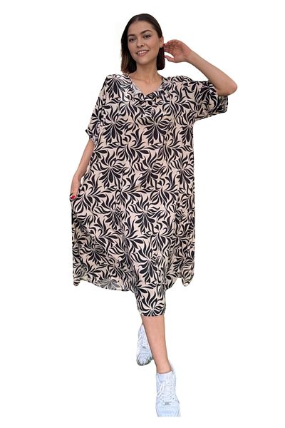 Modasultan Plus Size Collar Button Pocket Slit Patterned Midi Length Viscose Dress