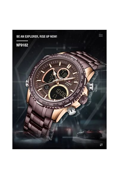 Naviforce Mens Dual Display Chronograph Watch Coffee Rose Gold Stainless Steel Band Analog Digital Quartz