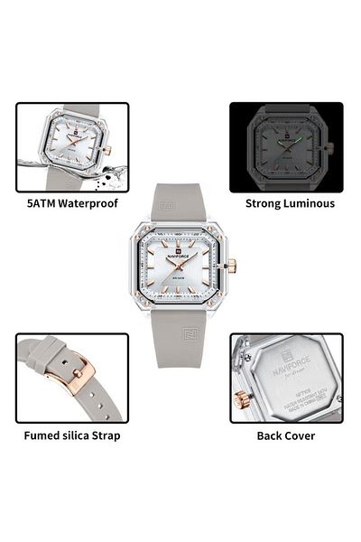 Naviforce Unisex Fashion Watch – 35mm Square Dial, Champagne Color, Silicone Strap, Water Resistant