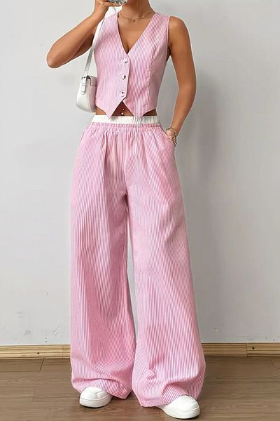 The Champ Clothing Women's Striped Poplin Woven Double Suit – Buttoned Crop Vest & Wide Leg Trousers Summer Casual Model