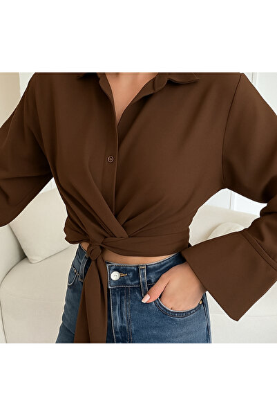 Butik Poplin kumaş belden bağlama detaylı gömlek