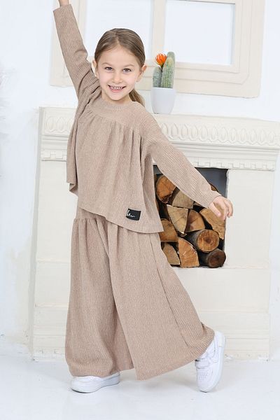 TOFİSA Girls Beige Girls Square Neck Crested Blouse and Loose Pants Bottom Top Set - 26815