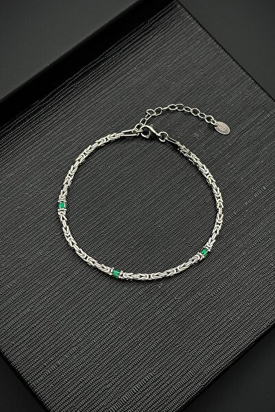 FRNCH 925 Ayar Gümüş İtalyan Model Yeşil Zirkon Taşlı Gümüş Renk Erkek Bilekl...