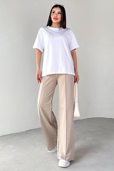 Cappmoda Tkm-0065 Stone Color Touch the Soul Written Injection Printed T-Shirt Loose Pants Two-Piece Set