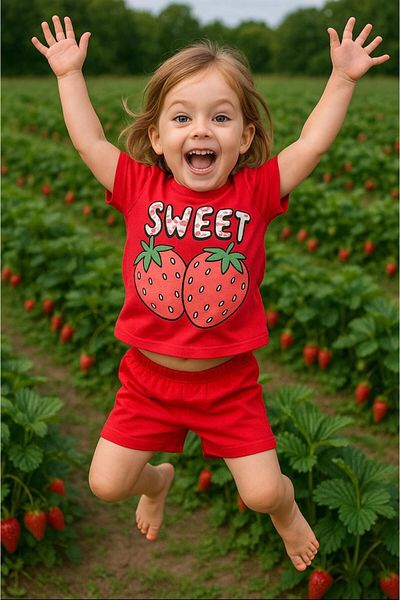 MİNYON BABY Girl's Shorts Bottom-Top Strawberry Printed Set