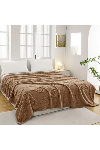 FIONNA.RO Medium Thickness Blanket Embossed Butterflies - Beige Cocoa With Milk