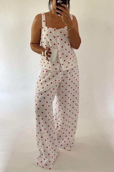 MJAMASS Muslin Heart Patterned White Pajama Set
