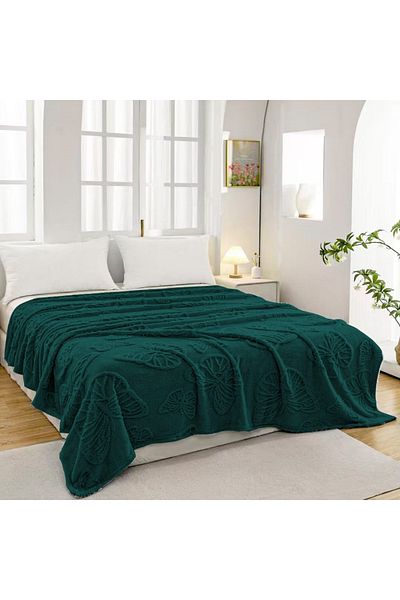 FIONNA.RO Medium Thickness Blanket Embossed Butterflies - Dark Green
