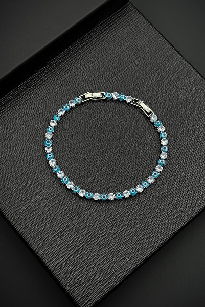 FRNCH Nazar Figürlü Zirkon Taşlı Turkuaz-Beyaz Renk Tennis Erkek Bileklik FRJ...