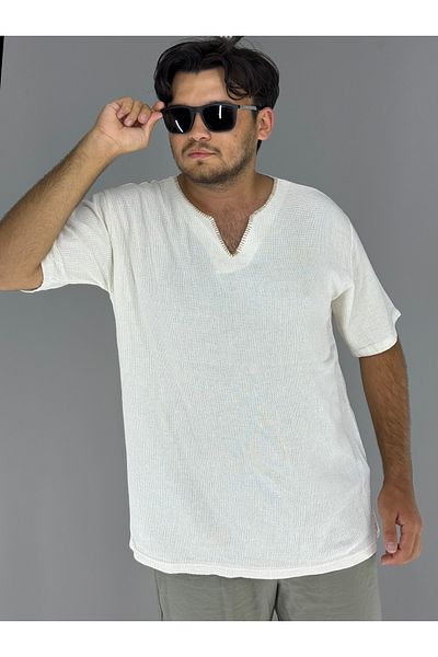 MARESHAL Honeycomb Fabric Collar Crochet Fakir Sleeve T-Shirt (Off White)