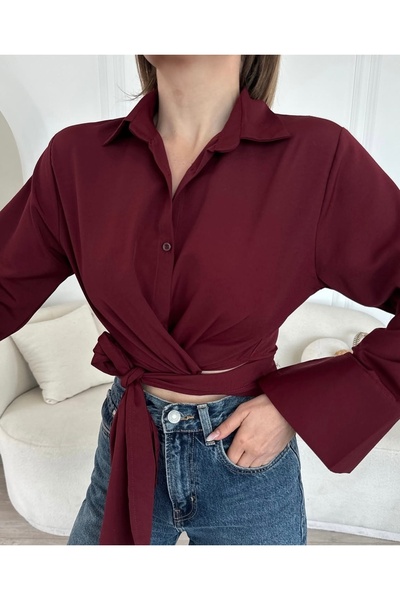 Butik Poplin kumaş belden bağlama detaylı gömlek