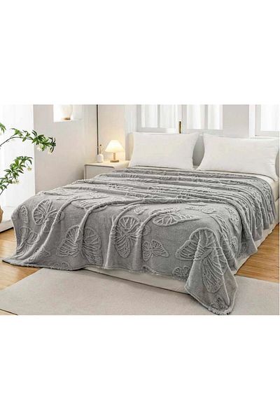 FIONNA.RO Medium Thickness Blanket Embossed Butterflies - Light Grey