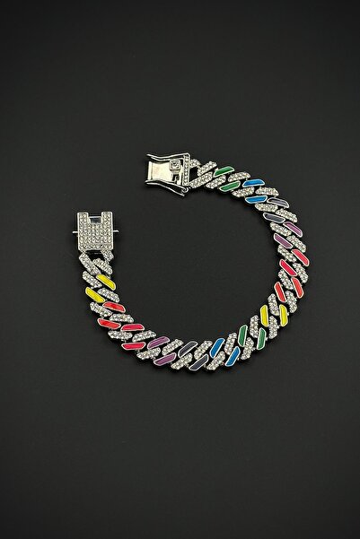 FRNCH Bronz Madenli Çok Renkli Zirkon Taşlı Gümüş Renk Tennis Erkek Bileklik ...