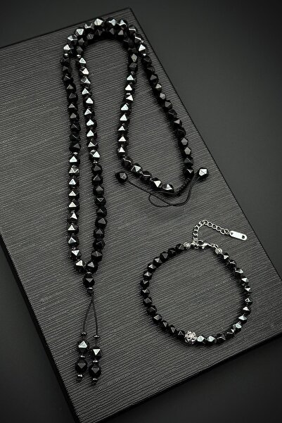 FRNCH Hematit Doğal Taşlı Siyah Renk Erkek Bileklik/Kolye Set FRJ12525-3525-S