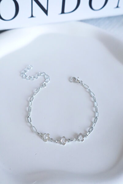 DEMOKAN Kadın Bileklik 14k Elips Zincir Zirkon Taşlı Çiçek Bileklik