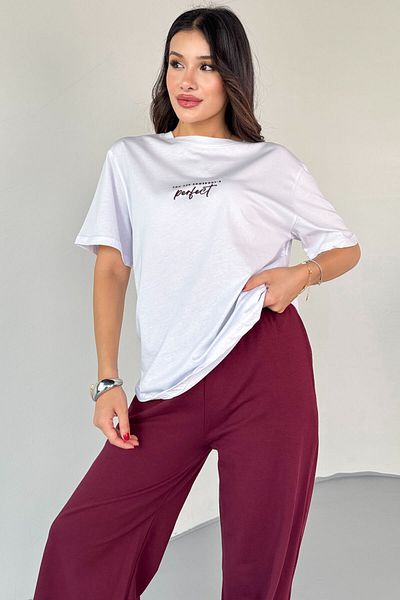 Cappmoda Tkm-0067 Burgundy Perfect Written Injection Printed T-Shirt Loose Trousers Double Set