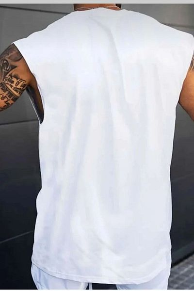 NO 601 Men's White Gym Embossed Printed Sleeveless Tshirt