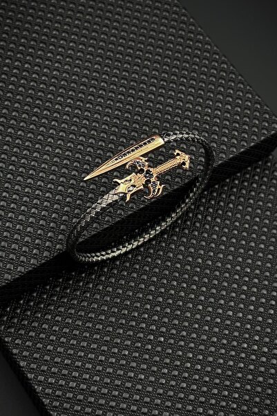 FRNCH 925 Ayar Gümüş Kılıç Figürlü Füme-Altın Renk Erkek Bileklik FRJ12613-36...