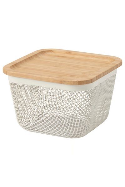 IKEA Food storage basket with lid, square metal/white bamboo, 15x15x11 cm